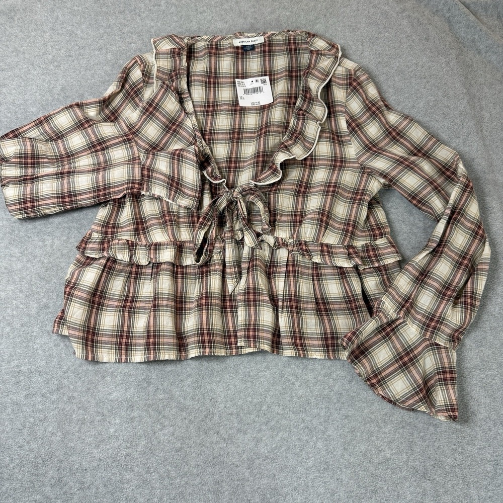 NWT American Eagle Plaid Ruffle Tie Front Peplum Top Large Cottagecore Boho - Picture 2 of 8